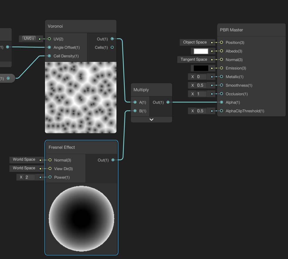 Fresnel Node and Voronoi to obtain forefield shader transparency pattern