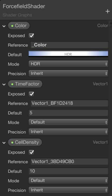 Properties for forcefield shader