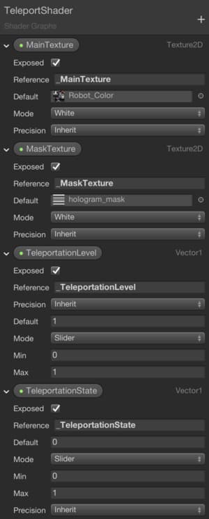 Properties of Teleport Shader