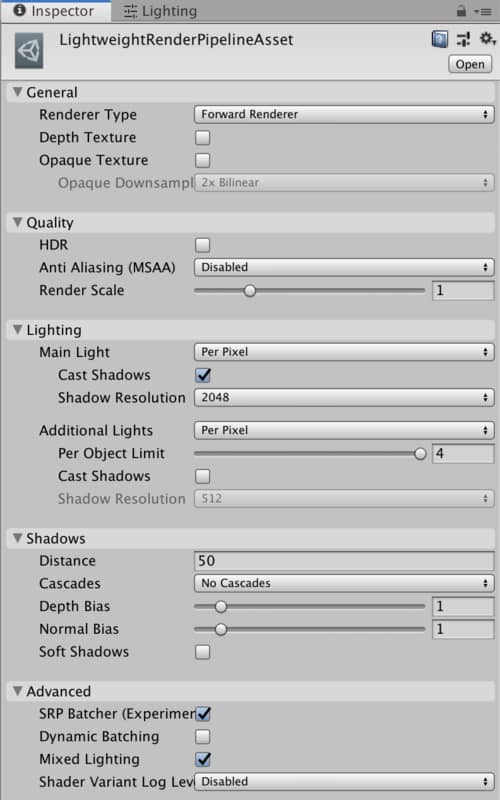 Pipeline Asset in Inspector